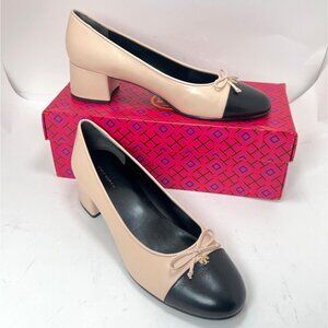 Tory Burch Cap Toe Women Pumps 45mn Block Leather Heels Beige Black Size 9.5